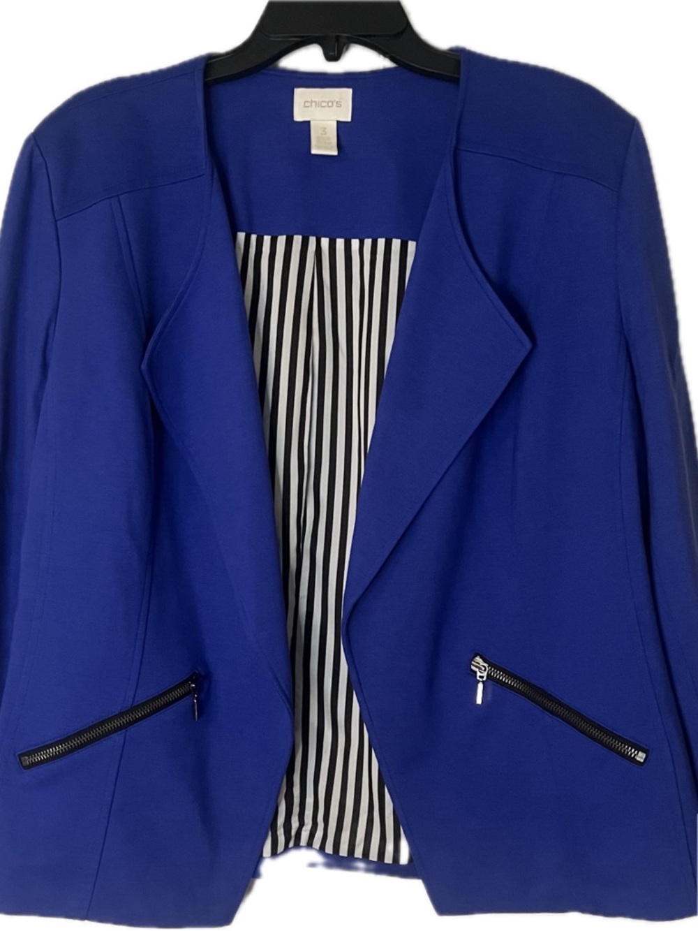 Chico's Blue Open-Front Blazer with Zip Pockets